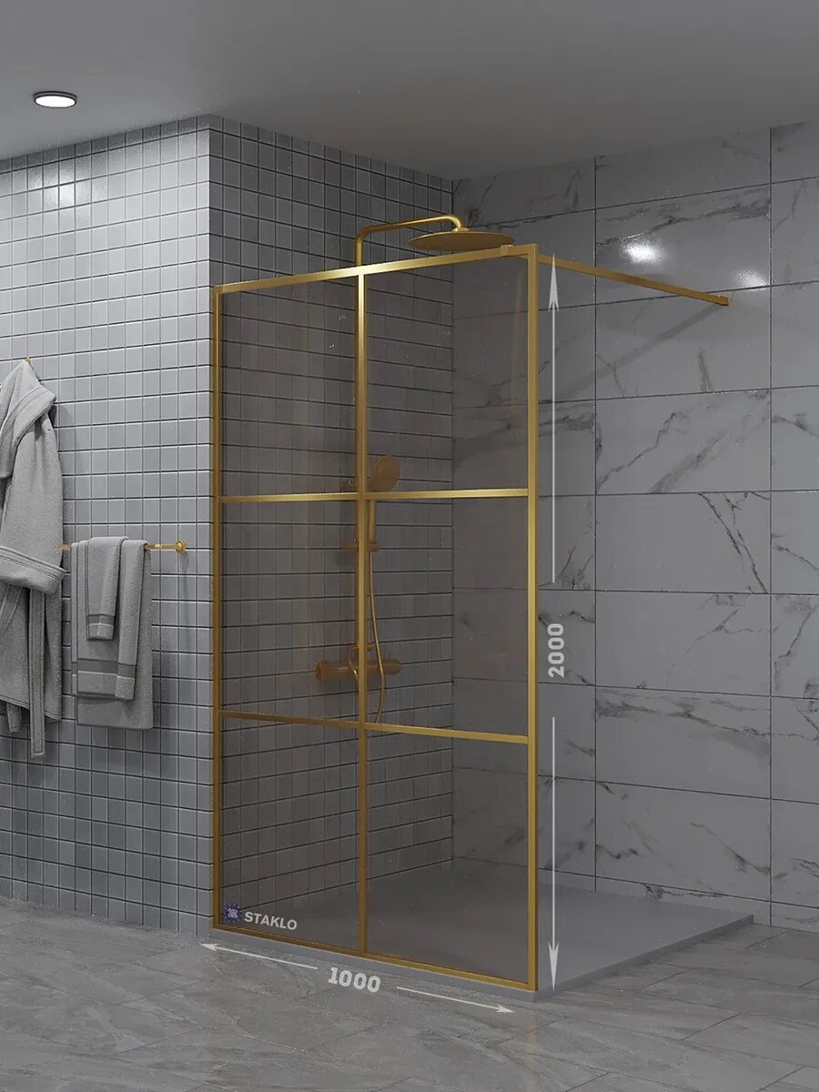 Loft душевая одиночная перегородка staklo 100x200 из бронзового стекла золото фурнитура