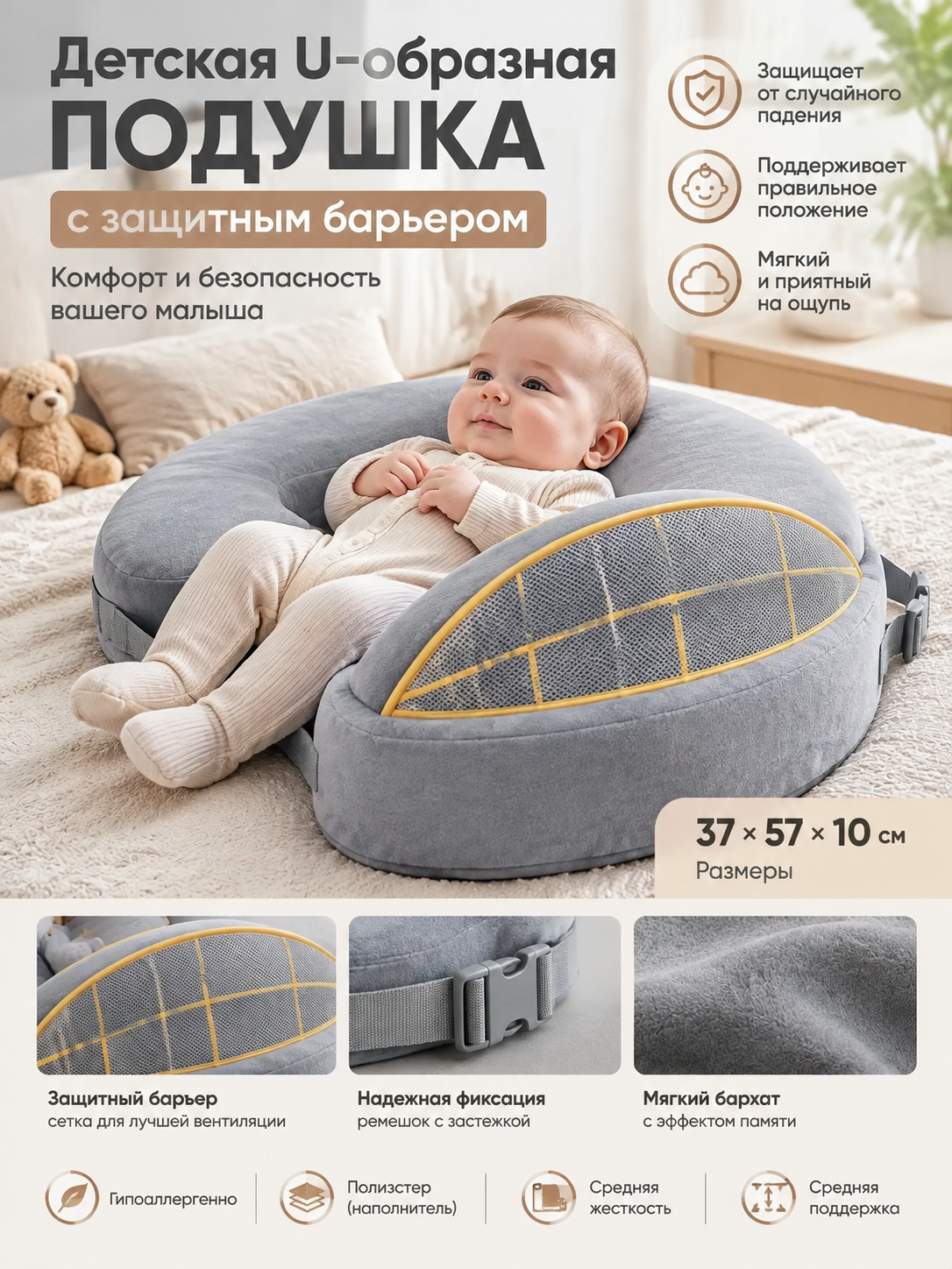 Детская U-образная подушка с защитным барьером, 37x57x10 см, серая