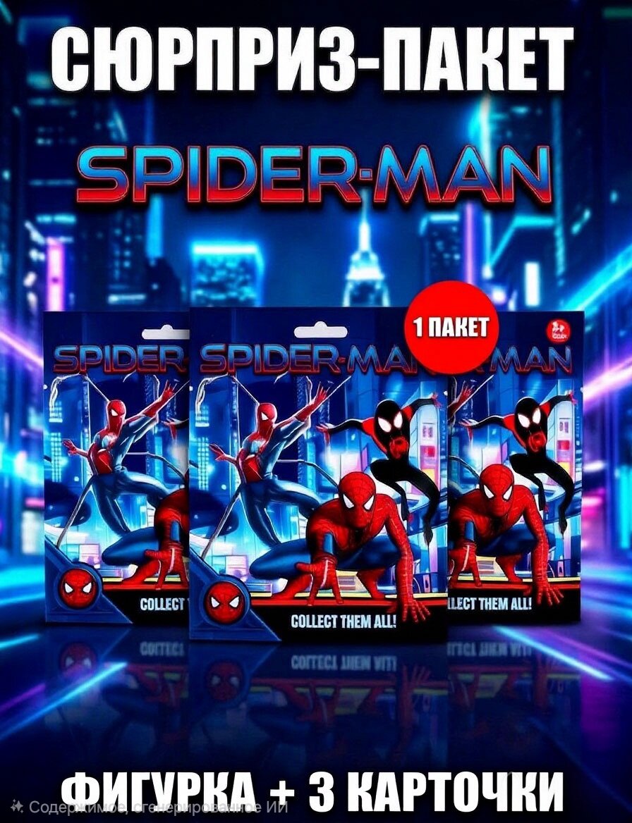 Сюрприз-пакет Spider-Man (Спайдермэн), фигурка+3 карточки, случайный вид, 1 пакет