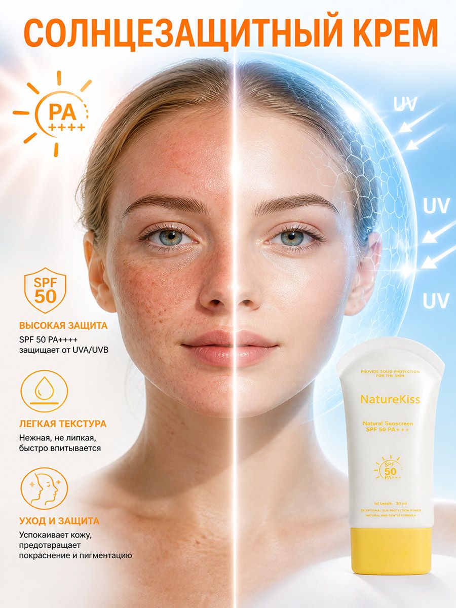 NatureKiss натуральный солнцезащитный крем spf 5+ длительная защита от УФ, легкая текстура, для лица и тела, 50 мл