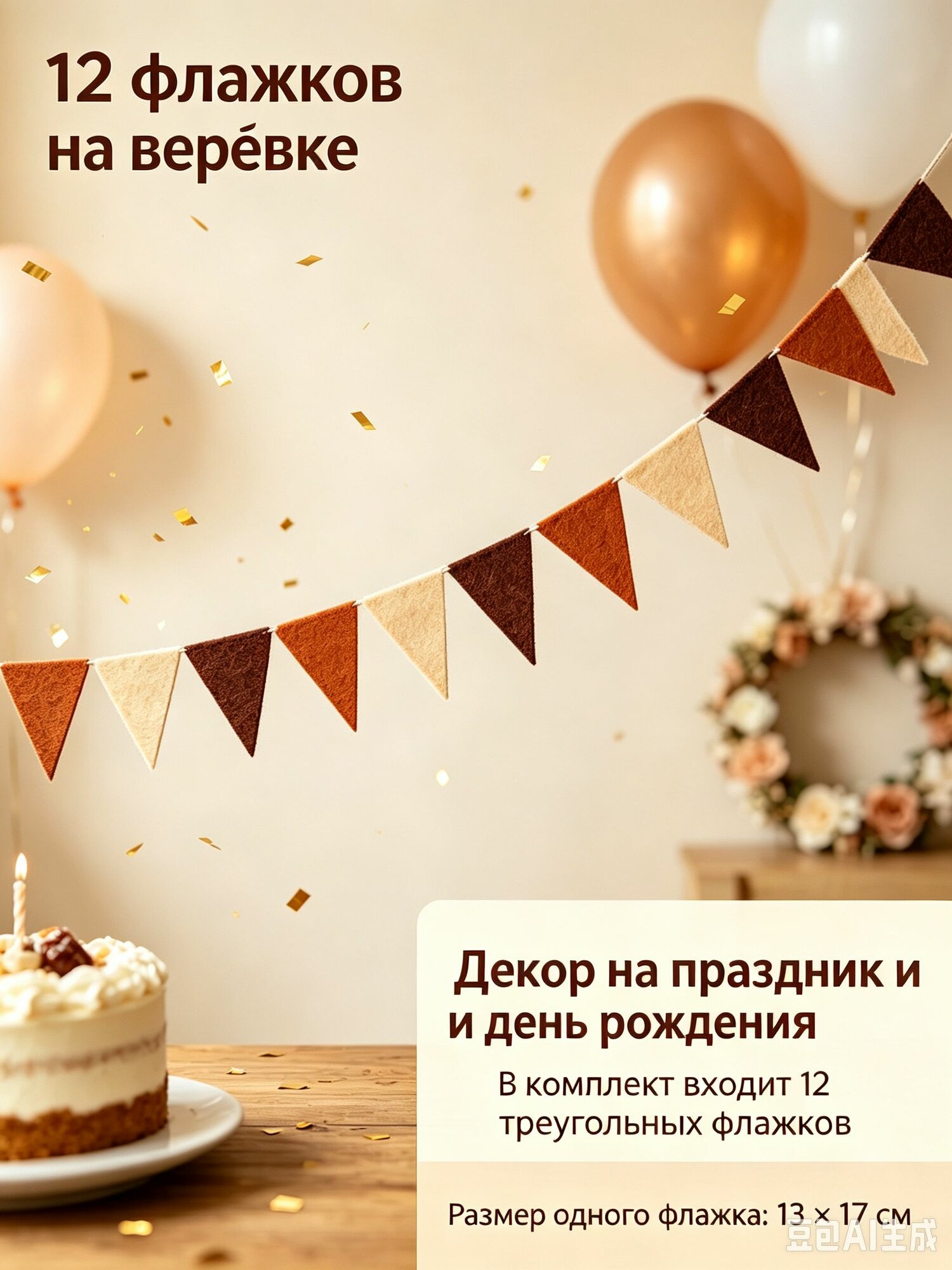 Гирлянда растяжка 17 см 12 шт фетр бежевый