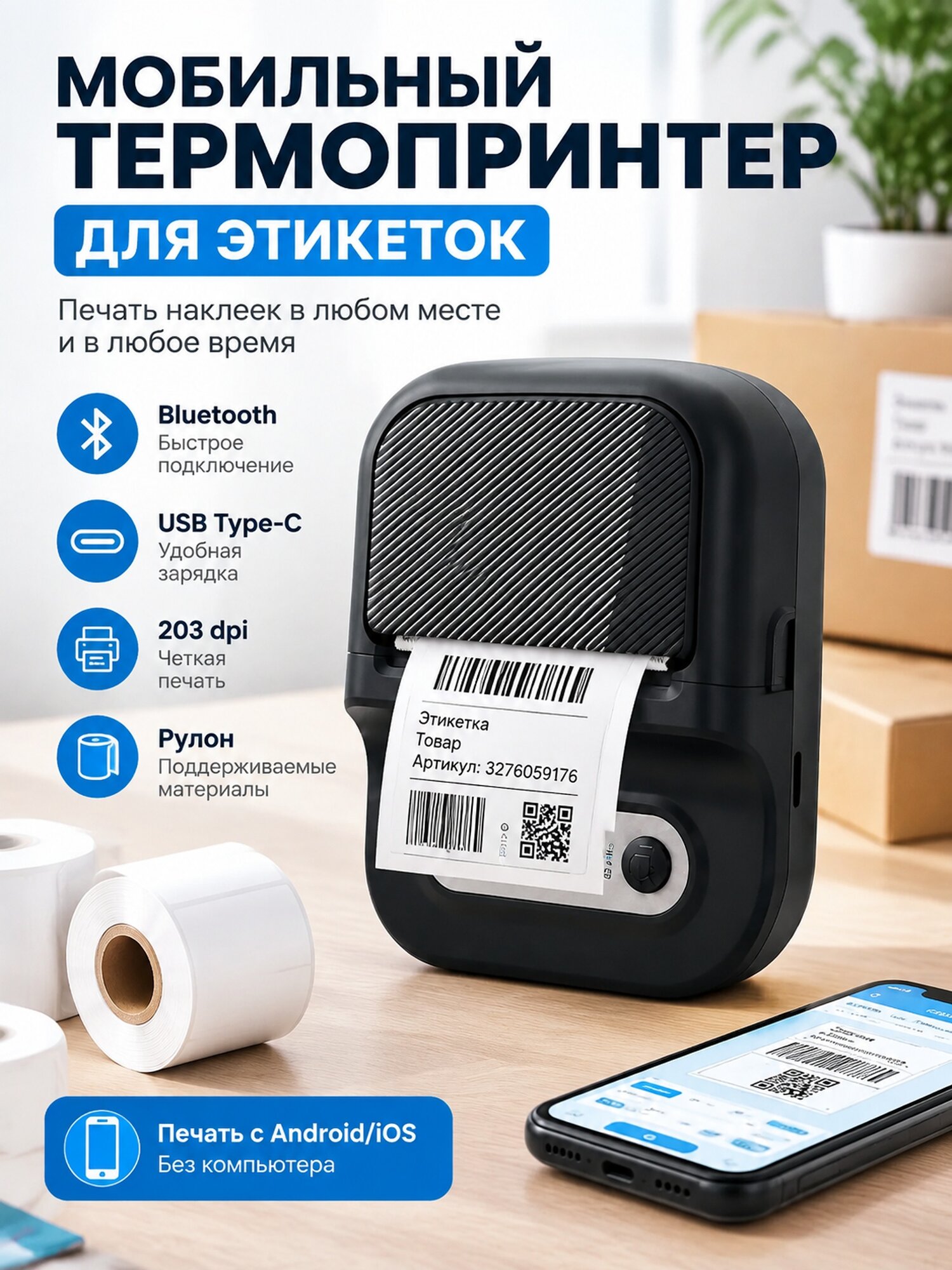 Мобильный термопринтер этикеток с Bluetooth и разрешением 203 dpi