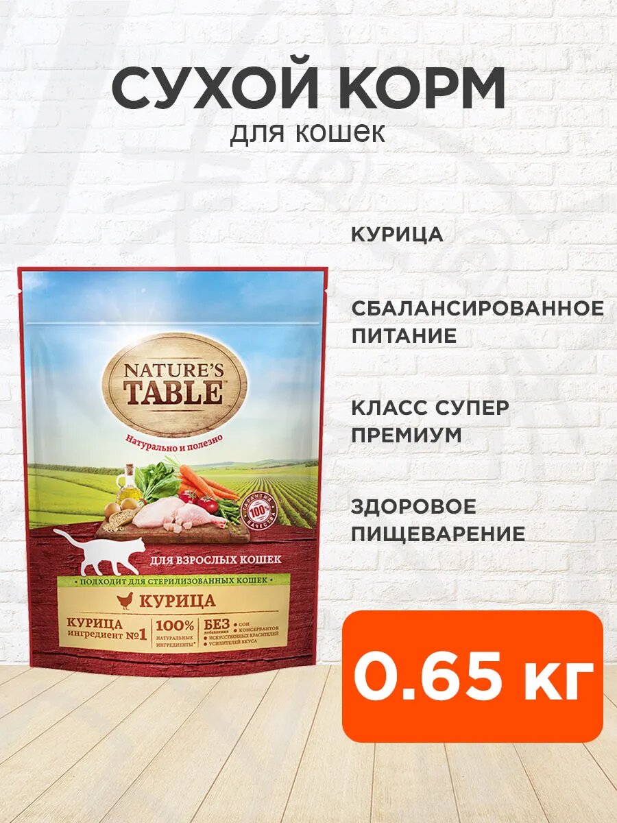 Корм сухой Nature’s Table для взрослых кошек, курица, 650 г