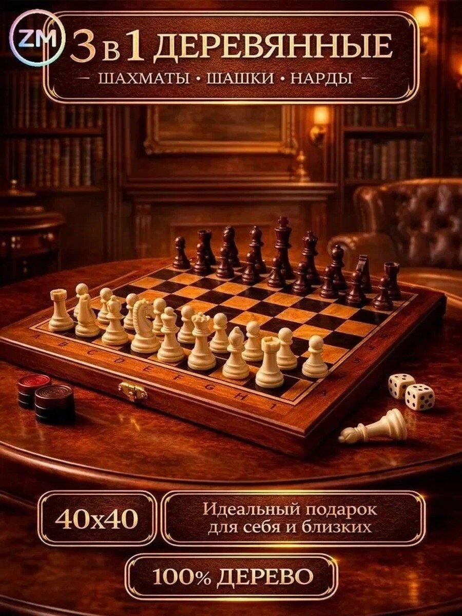 Шахматы, шашки. нарды подарочные деревянные 3 в 1 классические с деревянной доской 40х40