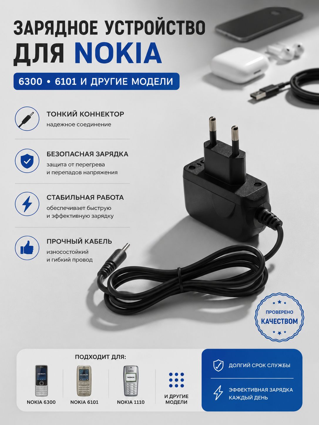 Сетевое зарядное устройство для Nokia 6300 6101 тонкая коннектор, блок питания, зарядка для Нокиа.