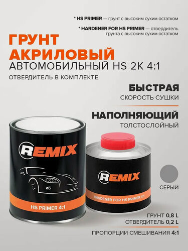 Изображение товара Грунтовка для автомобиля 2к 4+1 серая 0,8 л + 0,2 л отвердитель, акриловая толстостойная, быстросохнущая / REMIX