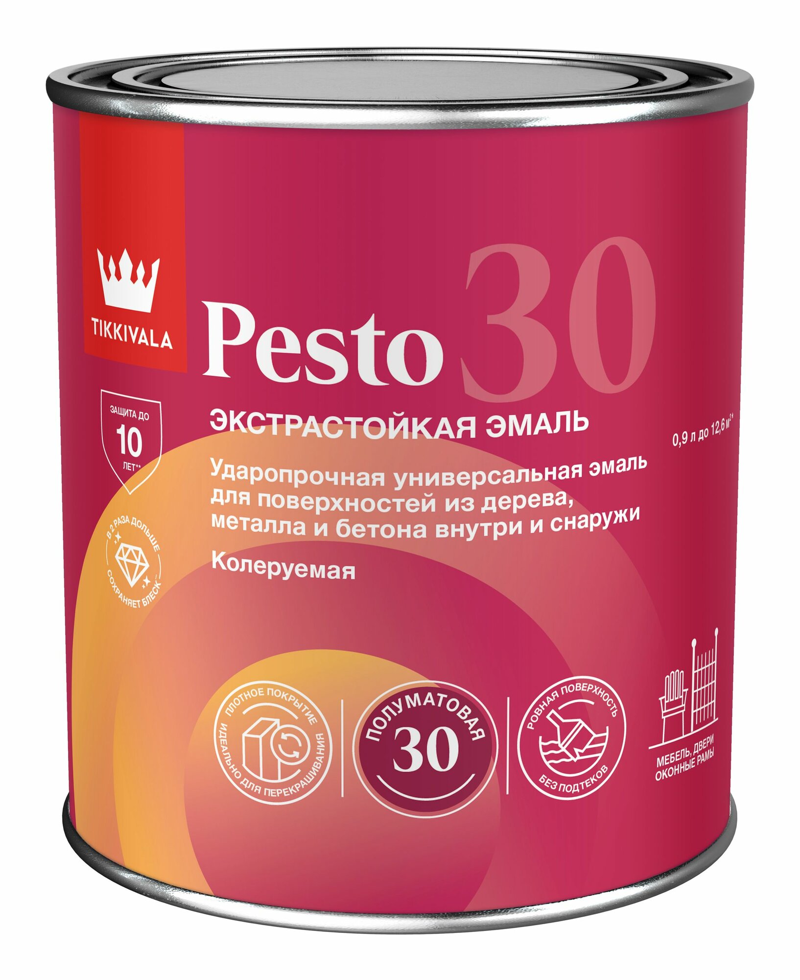 Эмаль Tikkurila Pesto 30, Белая, 0,9л, полуматовая, стойкая универсальная, стены, потолки, двери и окна, база А