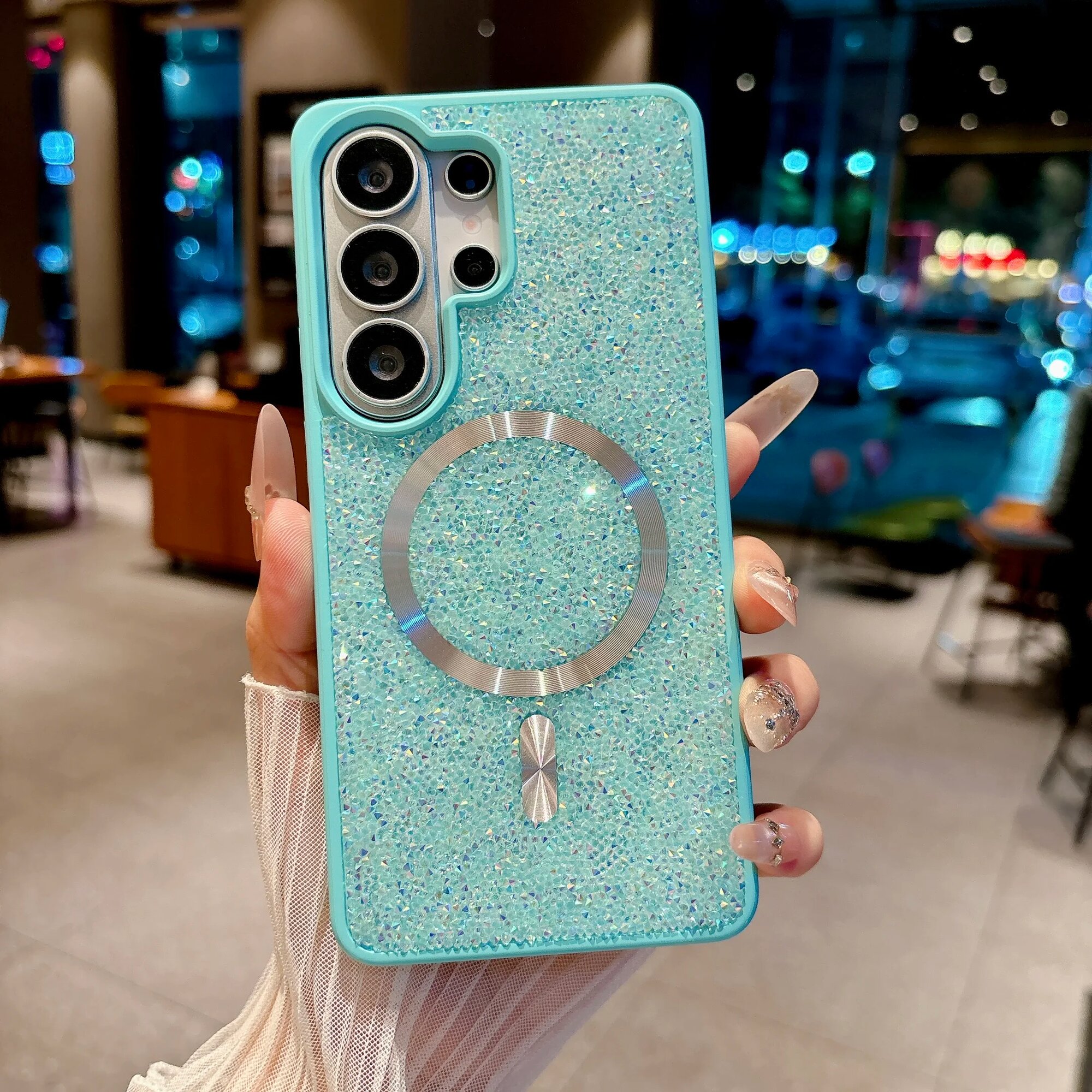 Блестящий Чехол Для Телефона С Инкрустацией Стразами И Магнитным Galaxy S23 Ultra, Зеленый, Green