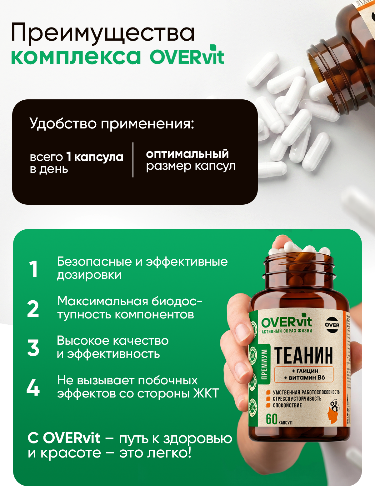 Теанин + глицин + витамин В6, витамины для мозга, умственной активности и памяти, 60 капсул — фото 8