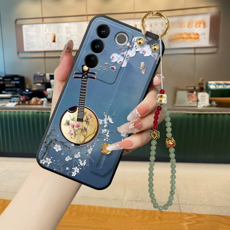 Чехол для Vivo S16 Pro с черной матовой поверхностью и синим узором гуцинь-птицы с рельефом, ремешок-держатель, модель