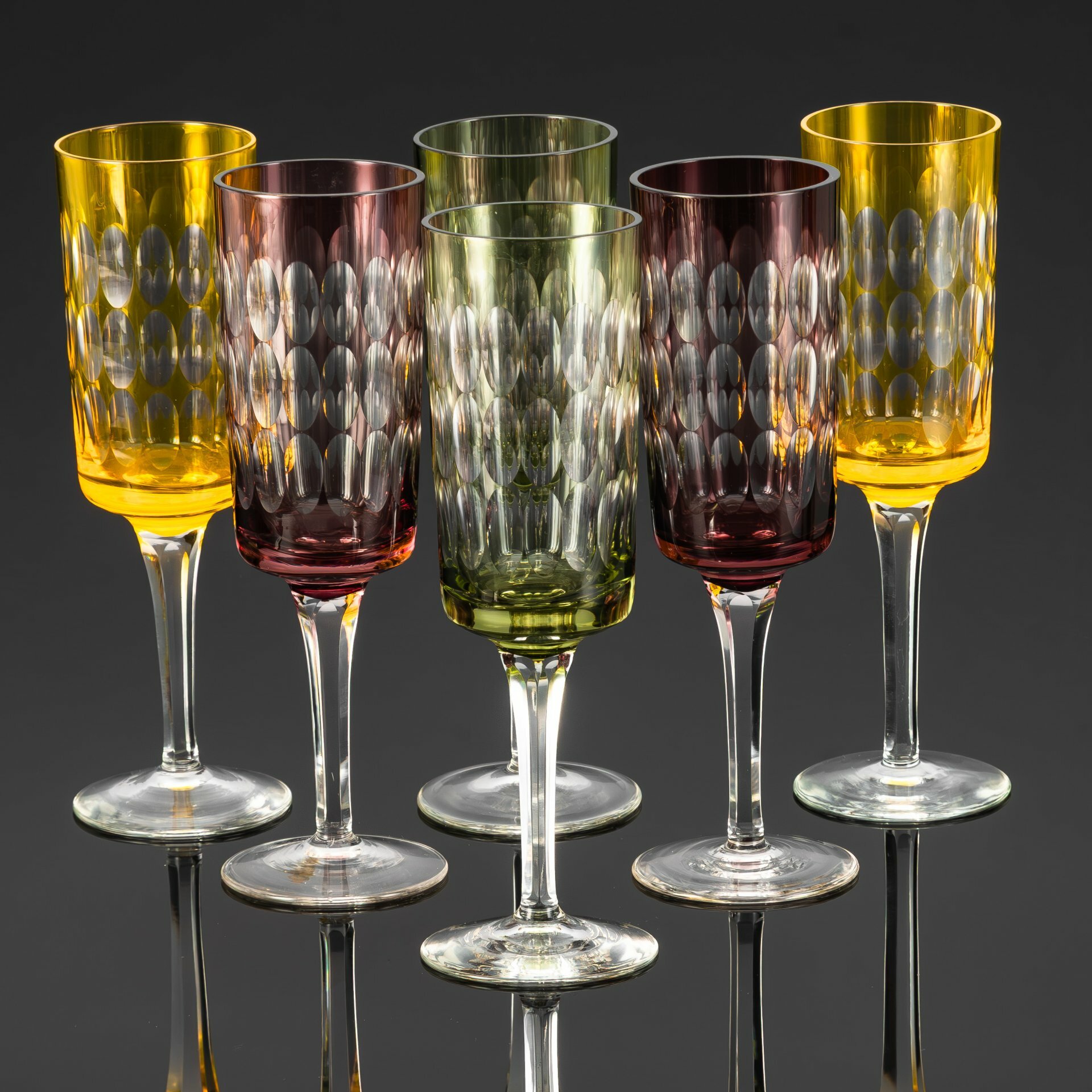 Набор бокалов с эффектом линзы, на 6 персон, хрусталь, нацвет, гранение