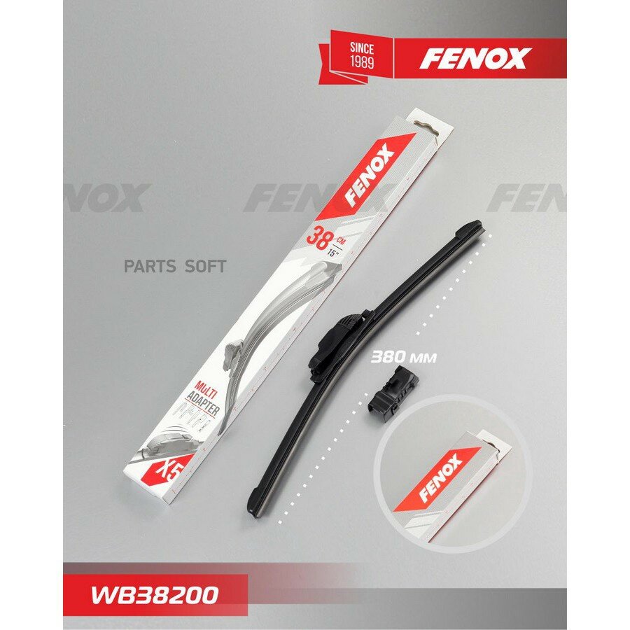 Щетка стеклоочистителя FENOX 380мм (15") бескаркасная; Крепление: 5 в 1 FENOX WB38200 | цена за 1 шт