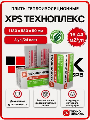 Изображение товара Технониколь XPS Техноплекс 50 мм (3уп. / 16,44м2 / 24плиты) утеплитель из пенополистирола для стен, балкона, крыши, пола