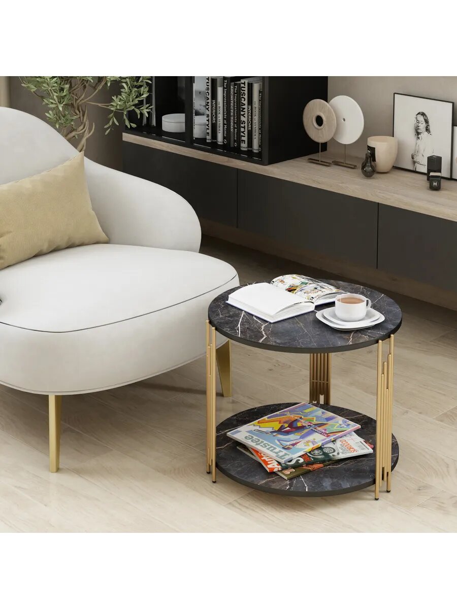 Столик журнальный REGENT style "император", металлический, стиль лофт, черный мрамор/золото