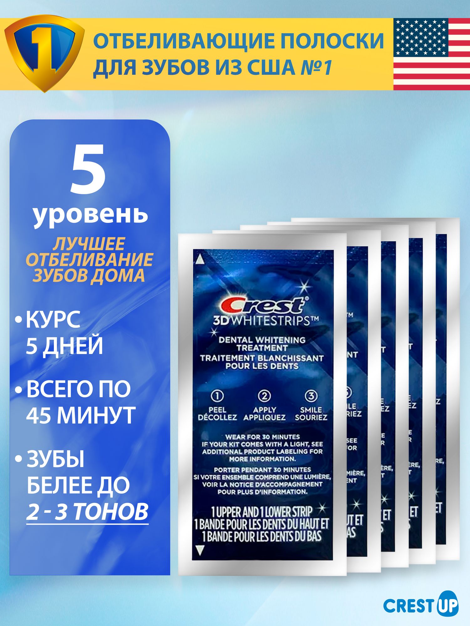 Отбеливающие полоски для зубов Crest 3D Whitestrips Professional Effects 5 пакетиков 1/4 курса