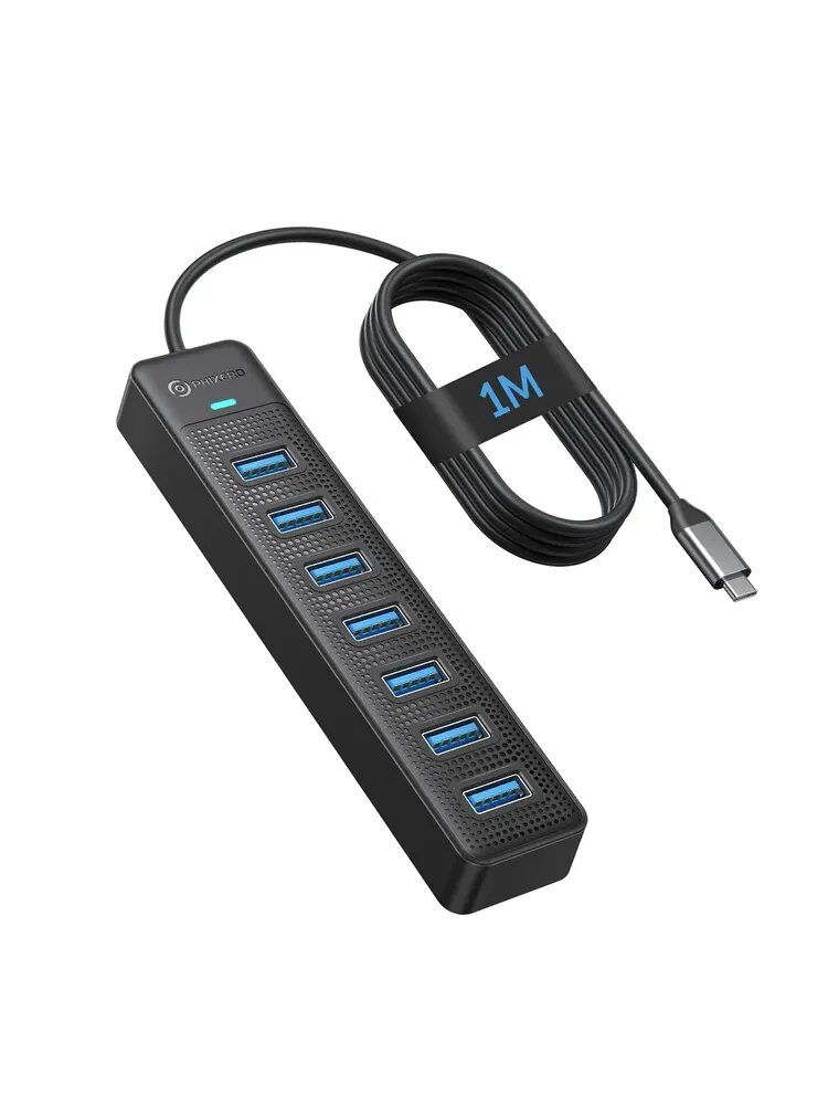 PHIXERO концентратор 7-в-1, USB 3.0, скорость 5 Гбит/с, длина кабеля 1 метр, подходит для ПК, ноутбуков, внешних дисков и периферийных устройств
