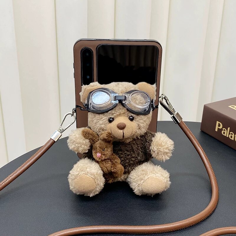 Чехол Huawei Pura X с кофейной вязаной медведь магнитной подставкой и кофейной кожаной кроссбоди ремешком
