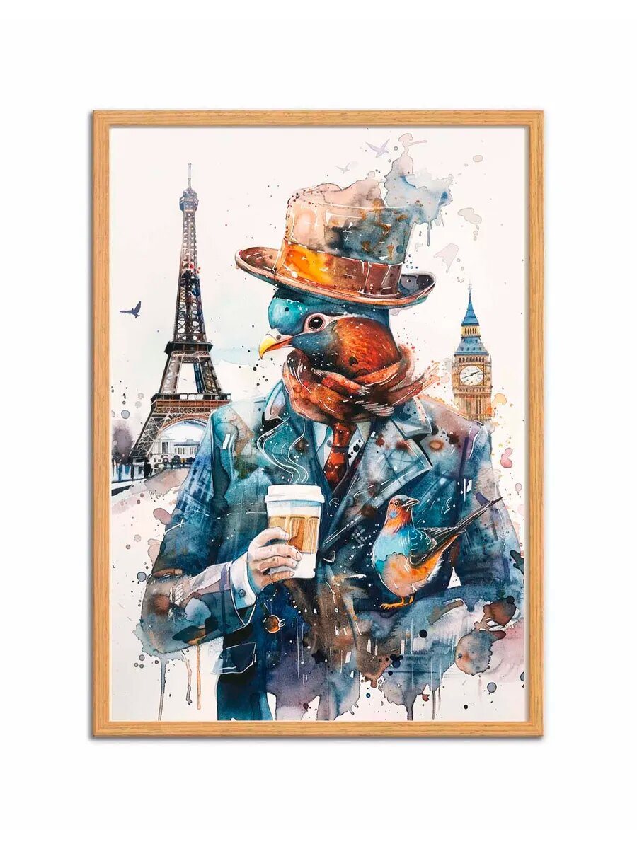 Гангстер с кукушкой-птицей пьет кофе 3, Плакат 30x42см