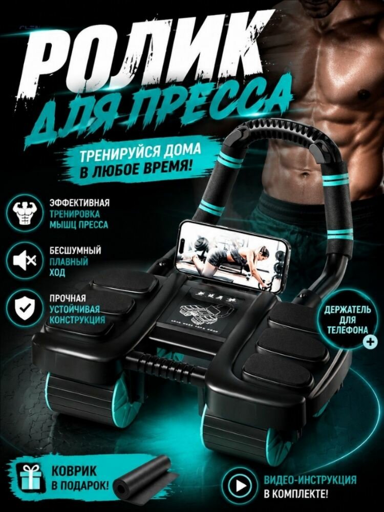 Ролик для пресса, 6 колесный инновационный , тренажер колесо для пресса, рук, спины, с ковриком