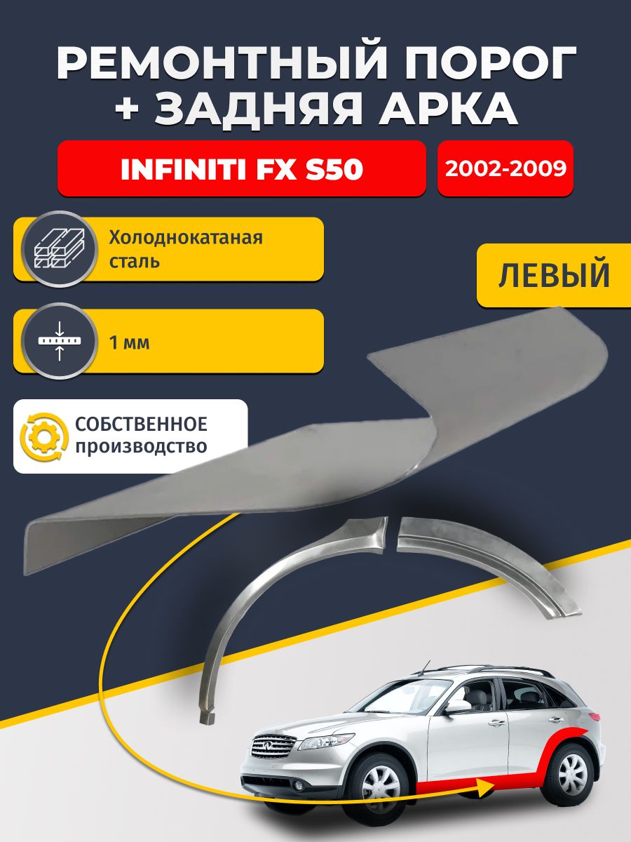 Левая ремонтная задняя арка (0,8 мм) и левый ремонтный стандартный порог (1 мм) на Infiniti FX S50 2002 - 2009 (Инфинити ФХ35). Материал холоднокатаная сталь.