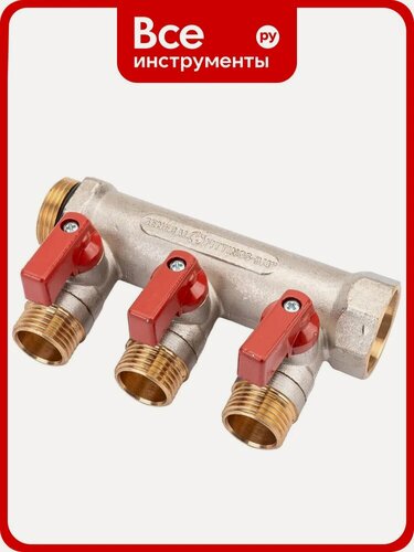Изображение товара Коллектор с шаровыми кранами STOUT Smb 6210 341203 3/4 , 3 отвода 1/2 , красные ручки