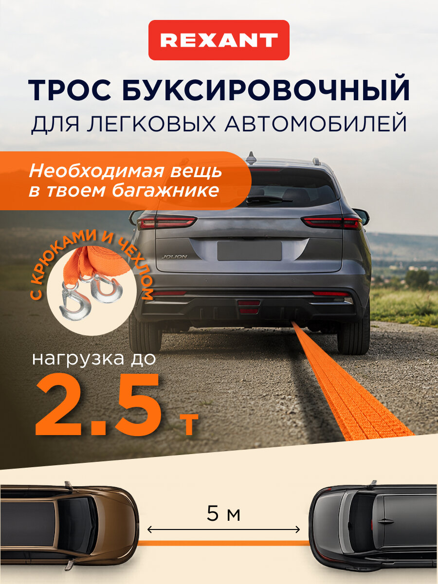 Трос буксировочный REXANT 2.5 тонны, 5 метров, с крюками, в чехле для хранения