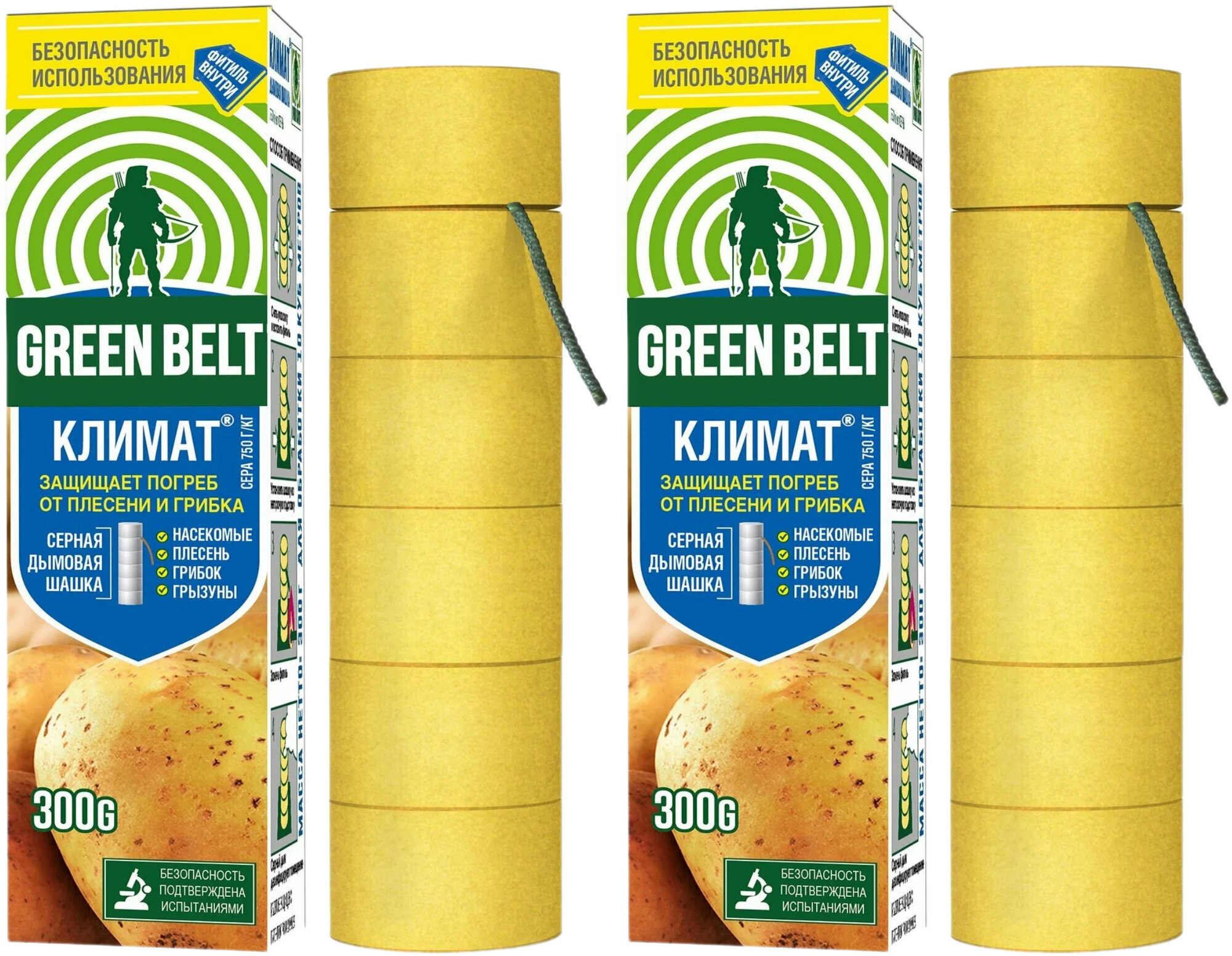 Серная дымовая шашка Green Belt Климат для дезинфекции теплиц, погребов и подвалов от вредителей, плесени и грибков, 300 гр, 2 упаковки