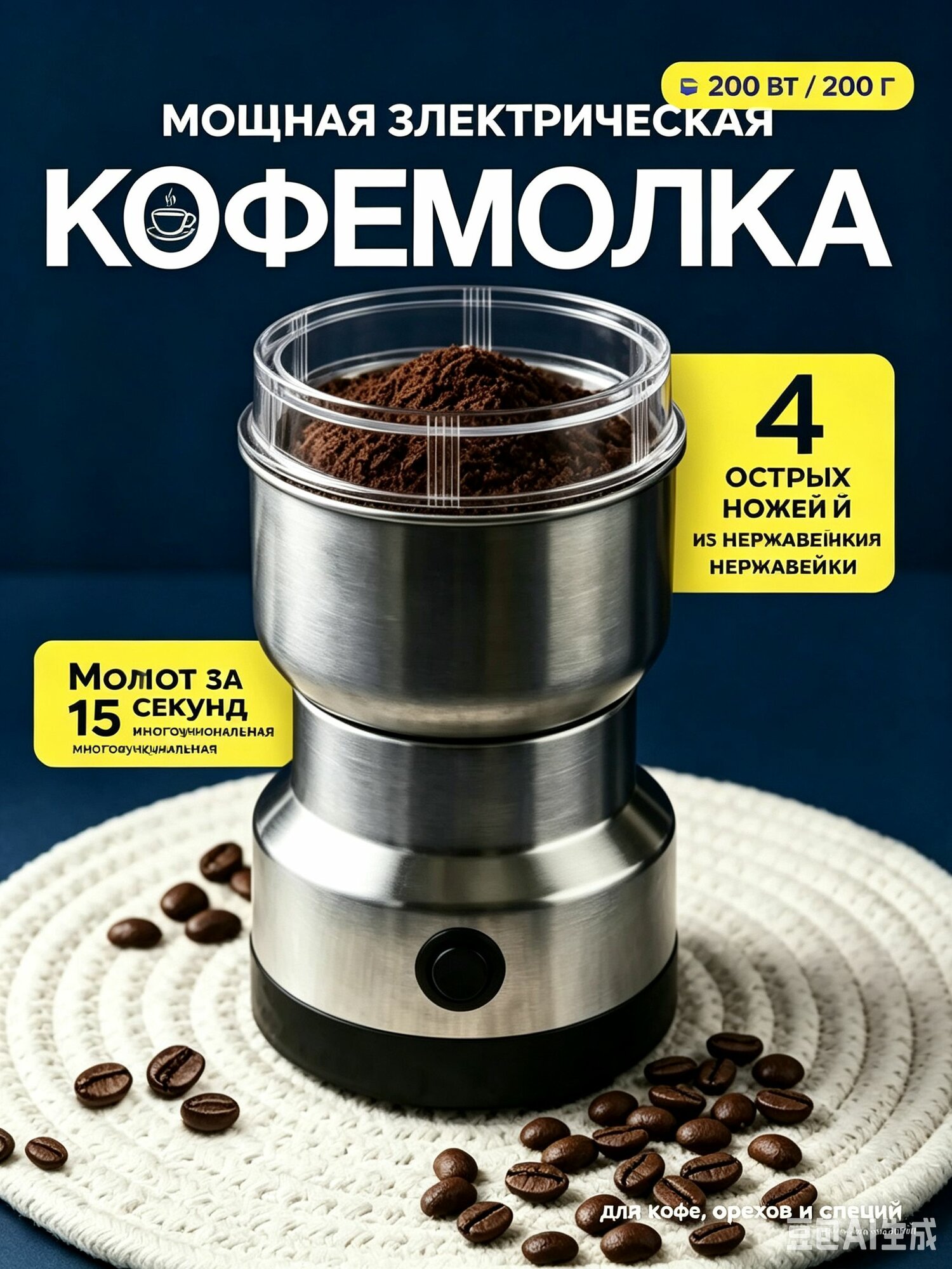 Кофемолка 019cf9cc54b37213b58527581140c72d 200 Вт, объем 200 г
