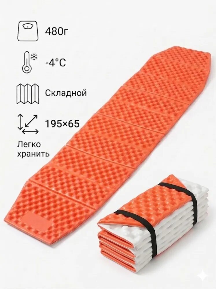 Туристический складной коврик R3.2 Egg Foam L 195 65 2.8 см, каремат для кемпинга и походов, ультралегкий 480 г, оранжевый.