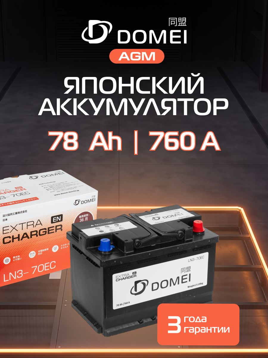 Аккумулятор автомобильный AGM 70 Ач 760 А обратная полярность DOMEI LN3