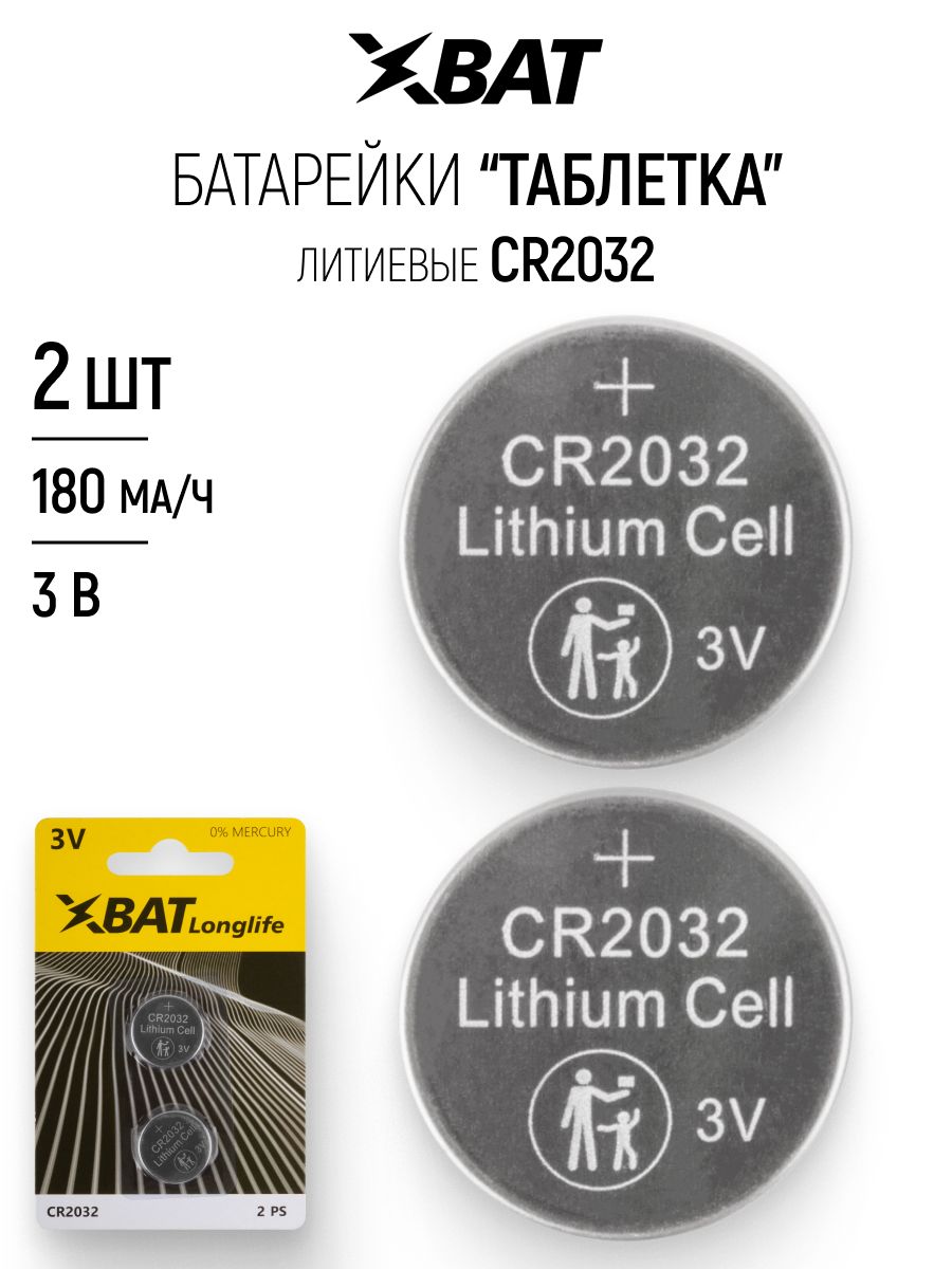 Батарейки литиевые CR2032 "Таблетка" 2 шт. 3 В, 180 мА/ч