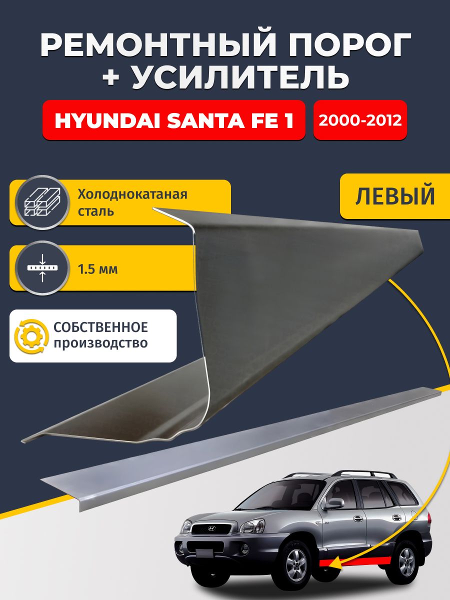 Левый порог + усилитель из холоднокатаной стали 1,5 мм, на Hyundai Santa Fe 1 2000-2012 (Хендай Санта Фе). Кузовной ремонт.