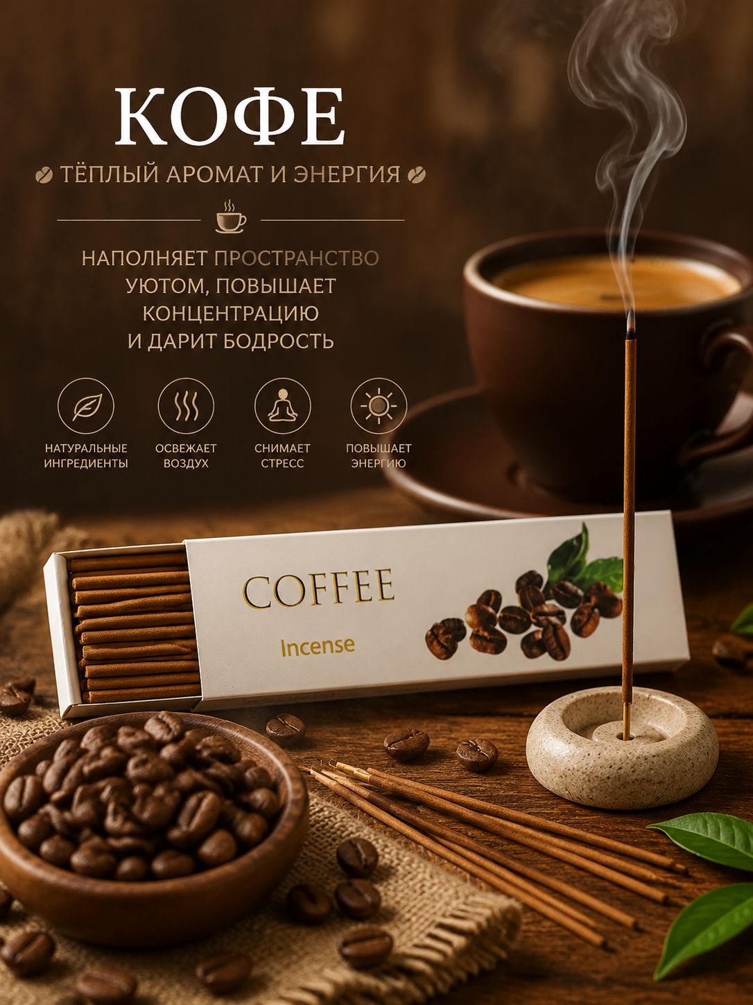 Ароматические палочки Кофе, для дома, релакса, длина 12,2 см, основание не входит в комплект