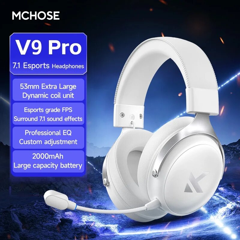 Беспроводные игровые наушники MCHOSE V9 PRO Белый, Silvery white-V9PRO