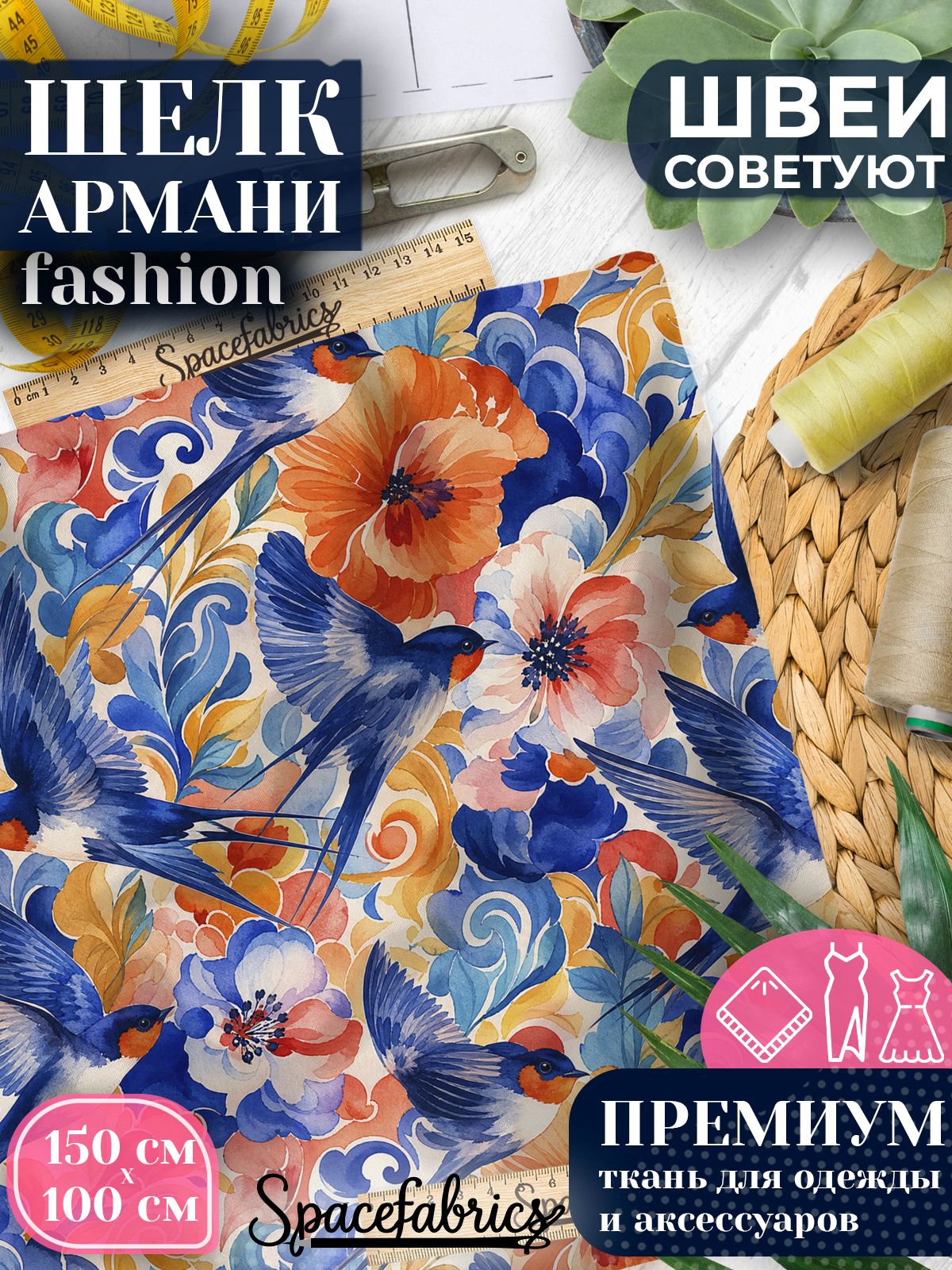 Ткань для шитья шелк Армани, искусственный шелк для костюмов, платьев, юбок с принтом Ласточки