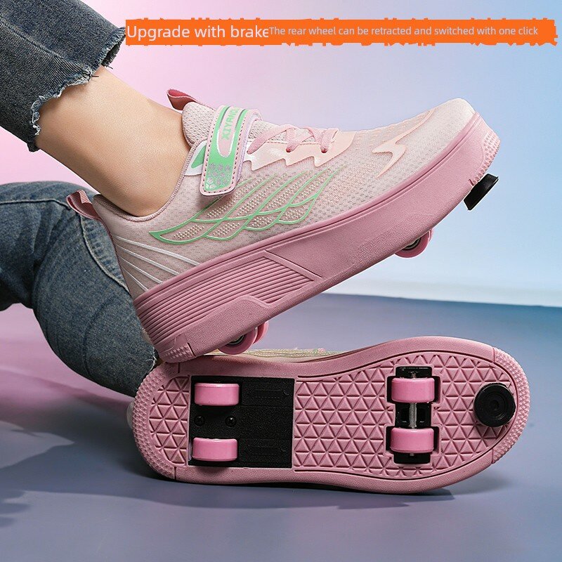 33-й размер роликовые коньки с четырьмя колесами, улучшенные, с тормозом, розовый цвет, съемное заднее колесо - модель