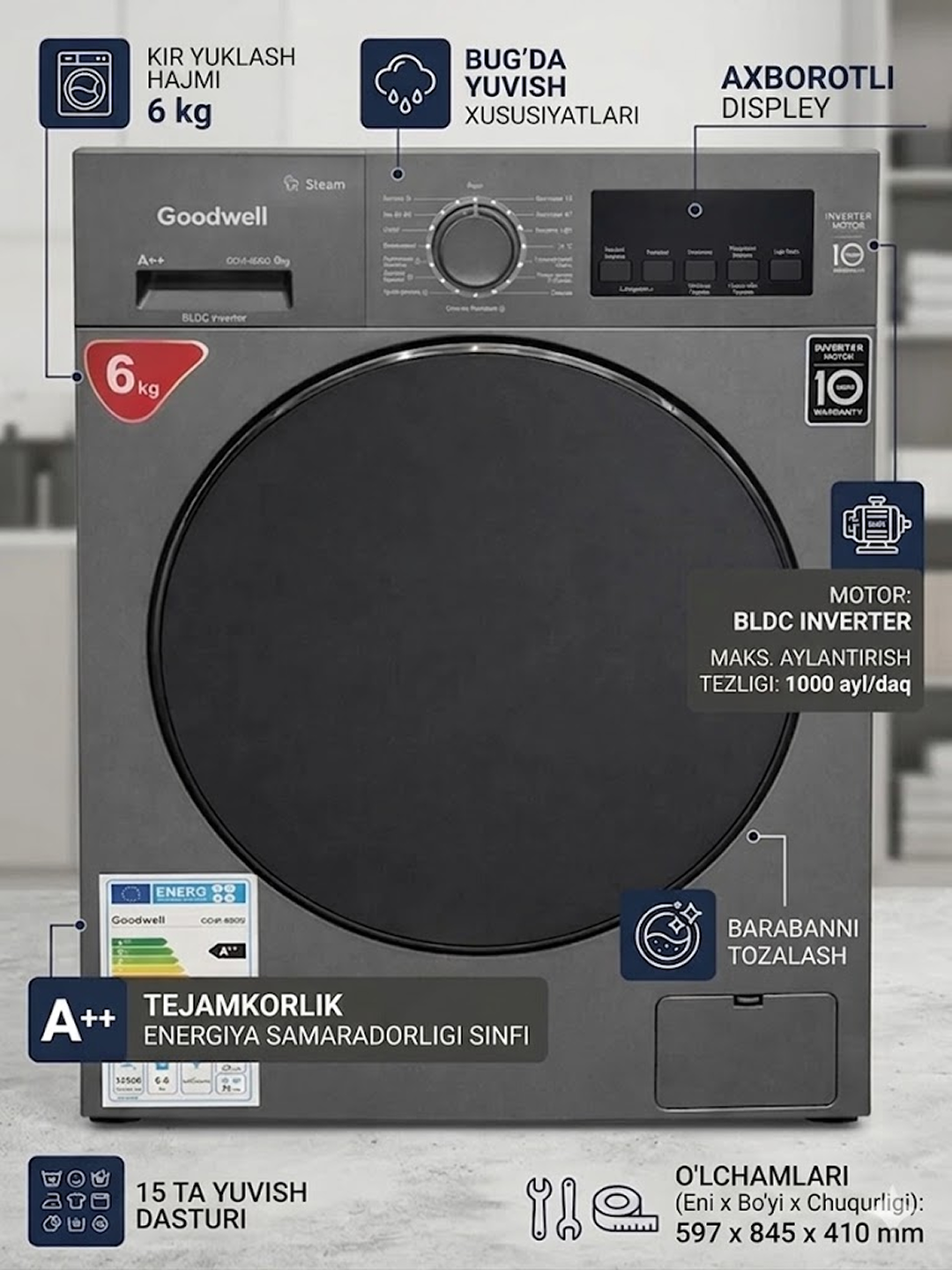 Стиральная машина Goodwell GDW-600G 6 кг, серый инверторным мотором 15 программ стирки энергоэффективности A++