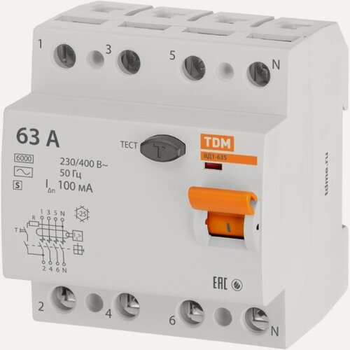 Изображение товара Устройство защитного отключения (УЗО) Tdm Electric ВД1-63S 4Р 63А 100мА (SQ0203-0072)
