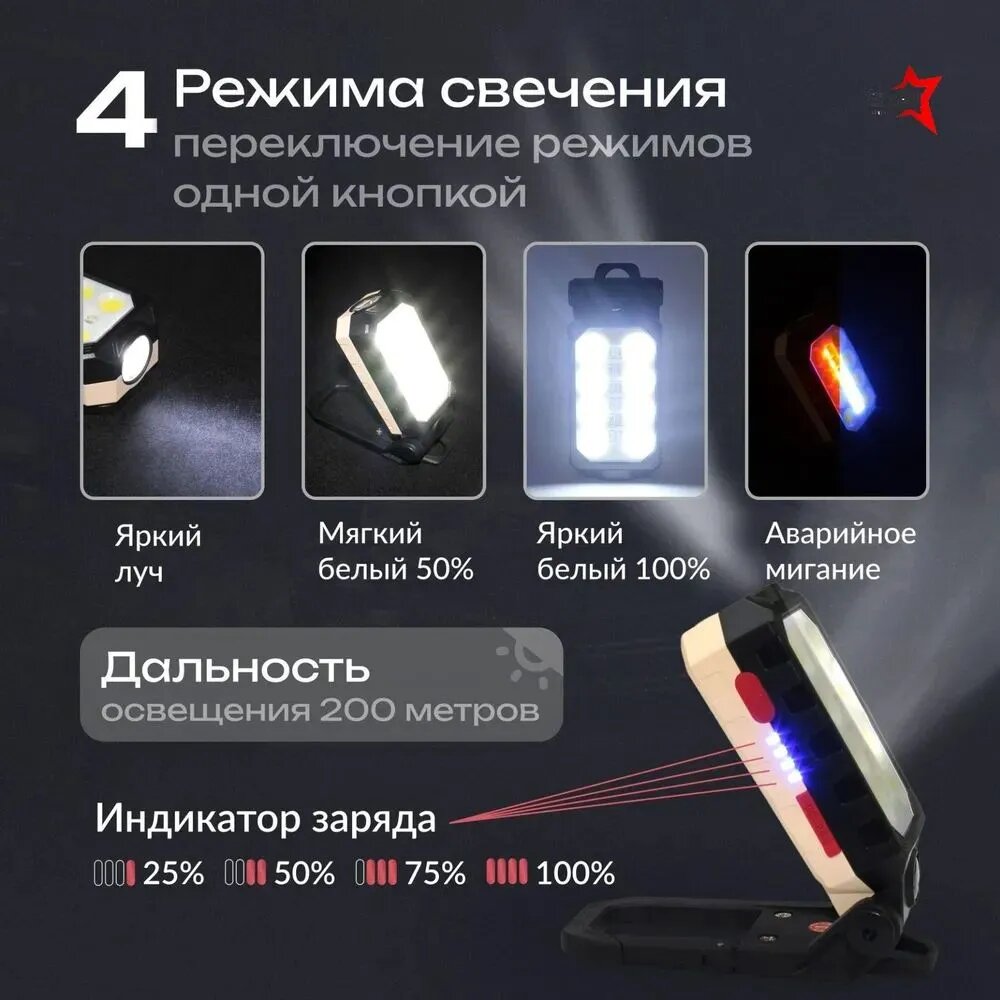 Аккумуляторный фонарь-прожектор W598A, 1000 лм, 2200 мАч, 4 режима, магнит, карабин, IP65 — фото 1