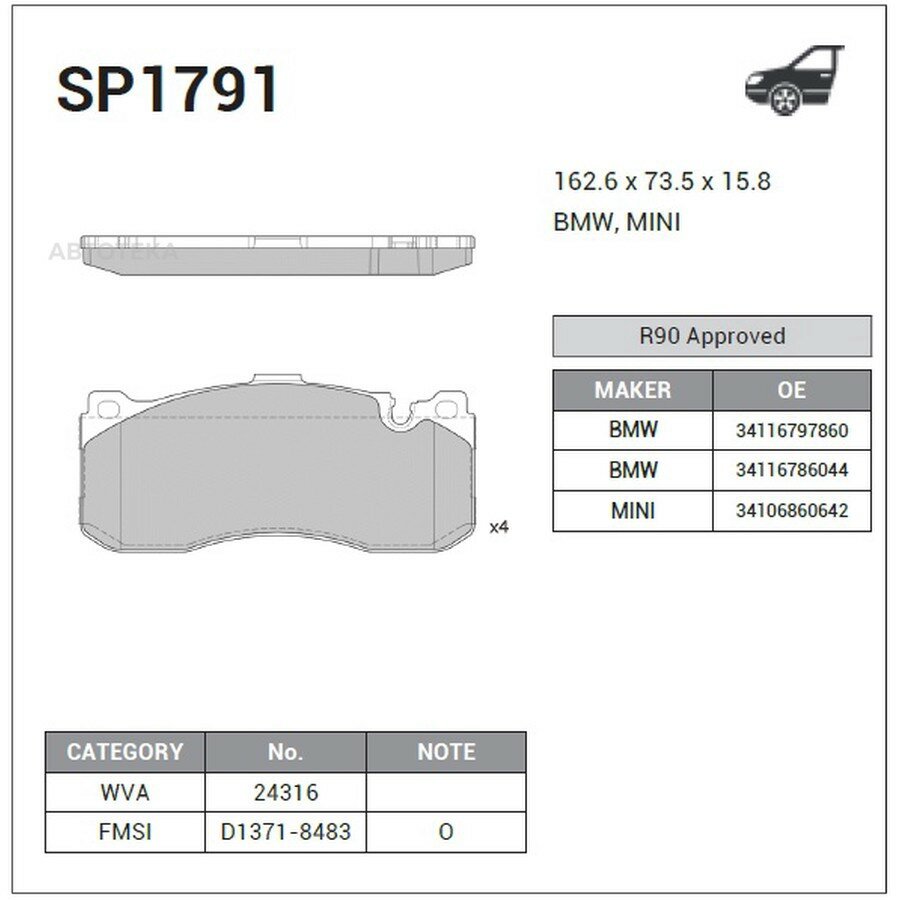 Колодки тормозные передние BMW 1 (E87)/(E82)/ 3 V (E90 E91E92 E93) (2004-2012) SANGSIN BRAKE SP1791