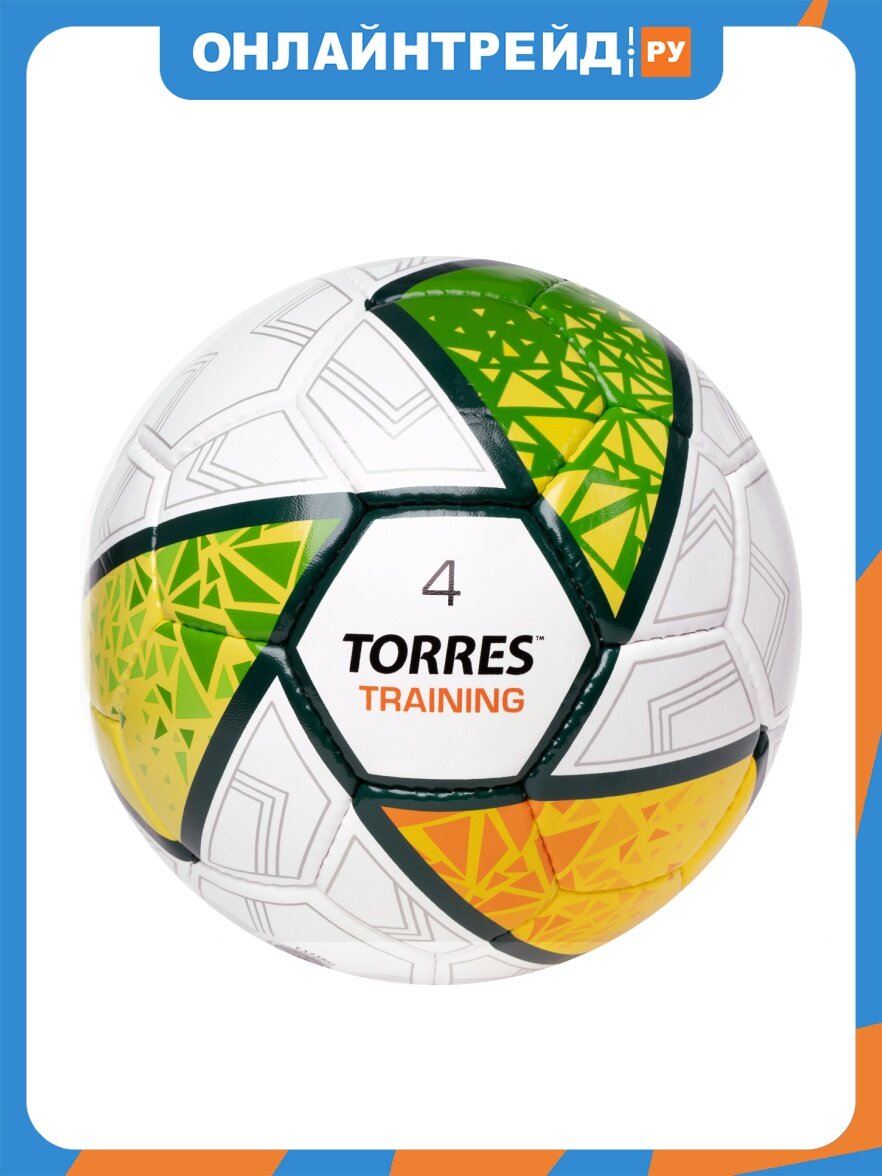 Мяч футбольный Torres Training, F323954, р.4, 32 панели, ПУ, 4 подкладочных слоя, ручная сшивка, бело-зелено-серый