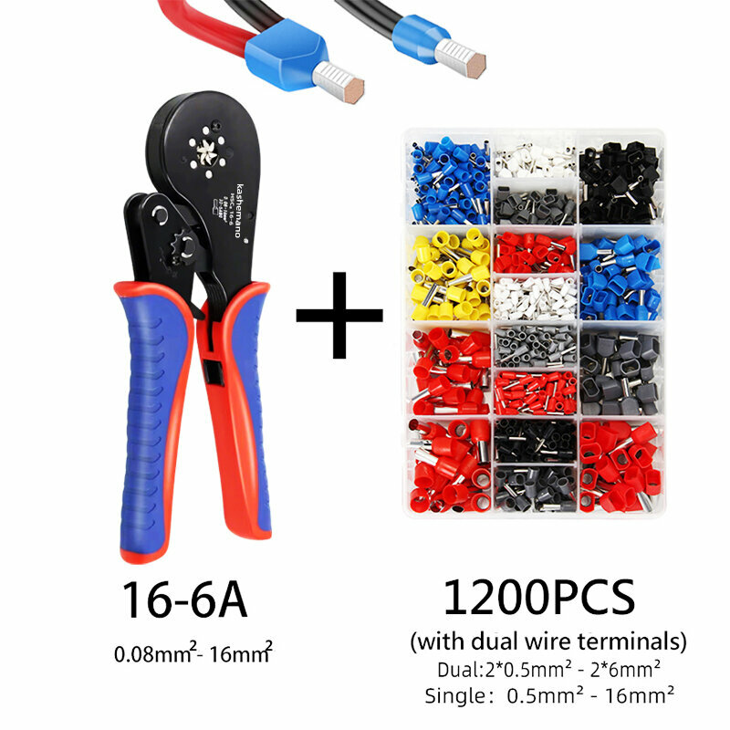 Плоскогубцы HSC8 16-6 + 1200ШТ Двойные смешанные клеммы, для 0,08-16мм2/AWG 28-5, Набор плоскогубцев для обжима наконечников, набор инструментов для обжима проволоки — фото 1