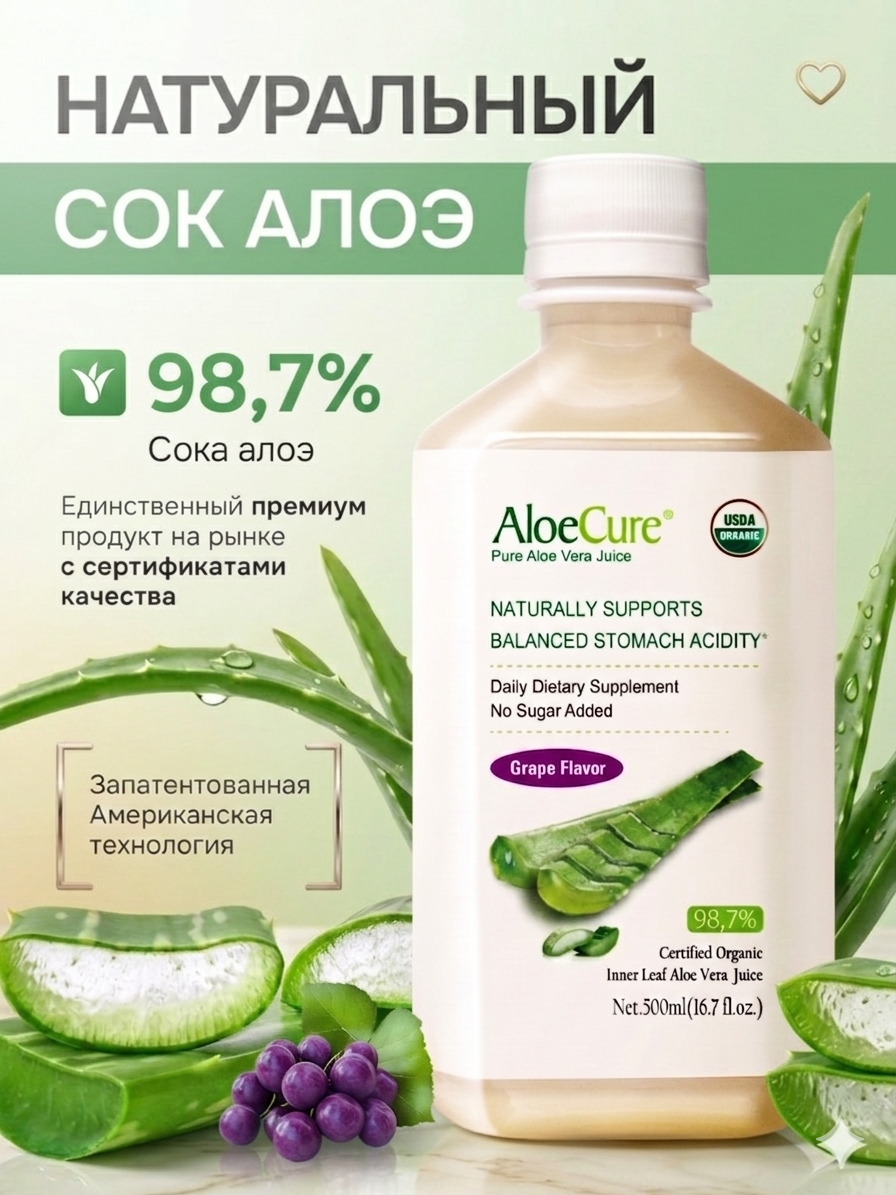 Сок алоэ AloeCure с виноградом для похудения, очищение организма, detox напиток натуральный