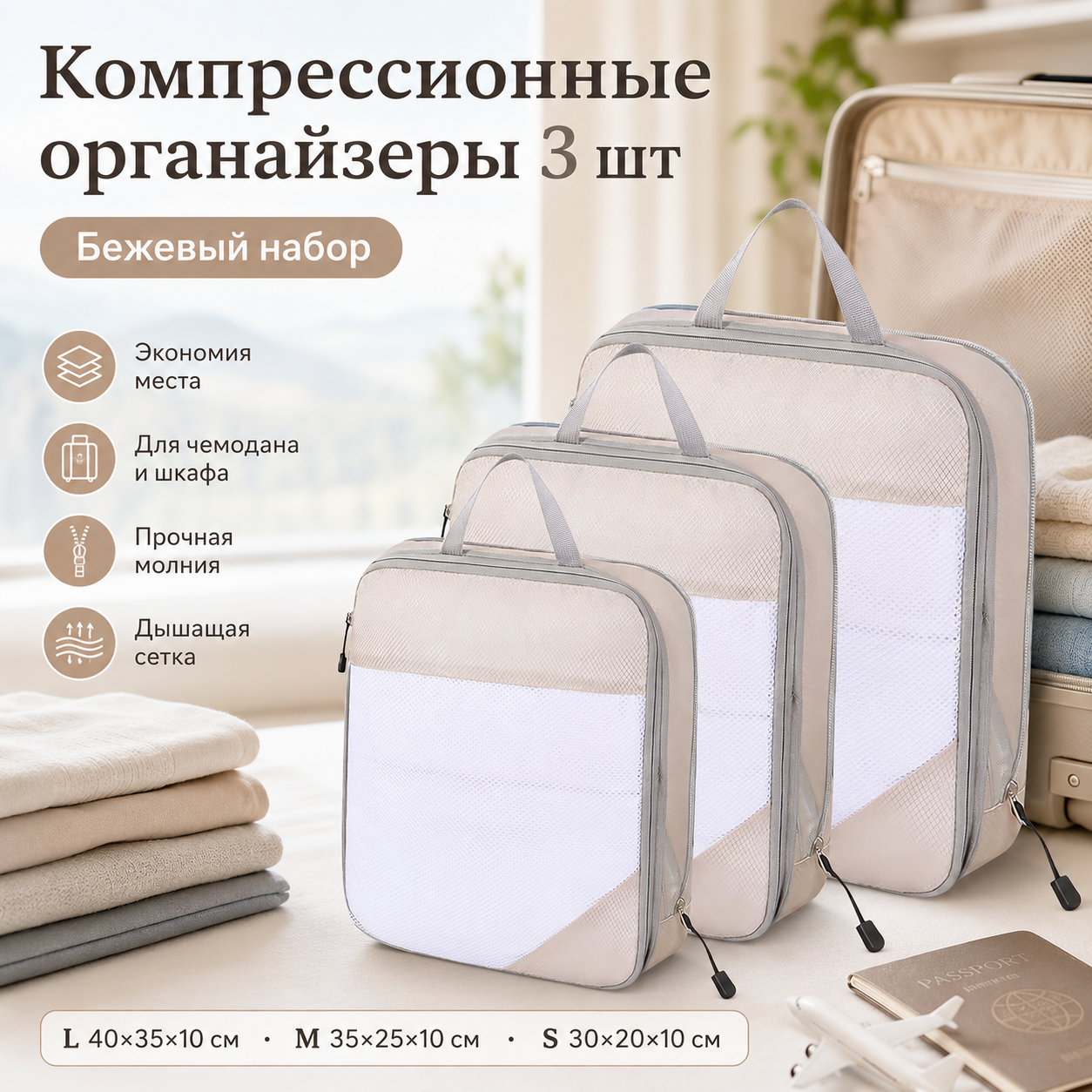 Набор компрессионных органайзеров для одежды 3 шт, дорожные сумки для чемодана, разные размеры