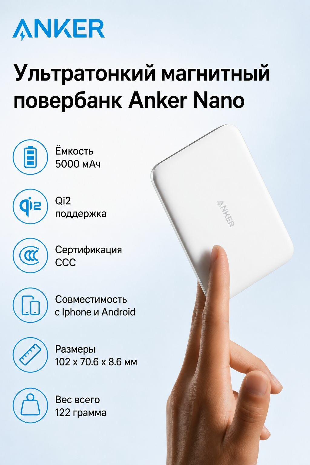 Внешний аккумулятор магнитный Anker Nano Ultra-Compact Design MagSafe 5000 мАч