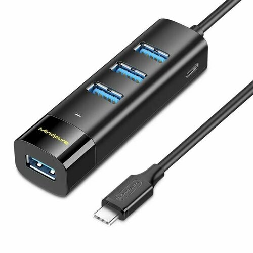 USB-C Type-C концентратор Хаб / Hub 3.0 4 USB + Type-C разъем питания Mindpure US023 17cм Черный