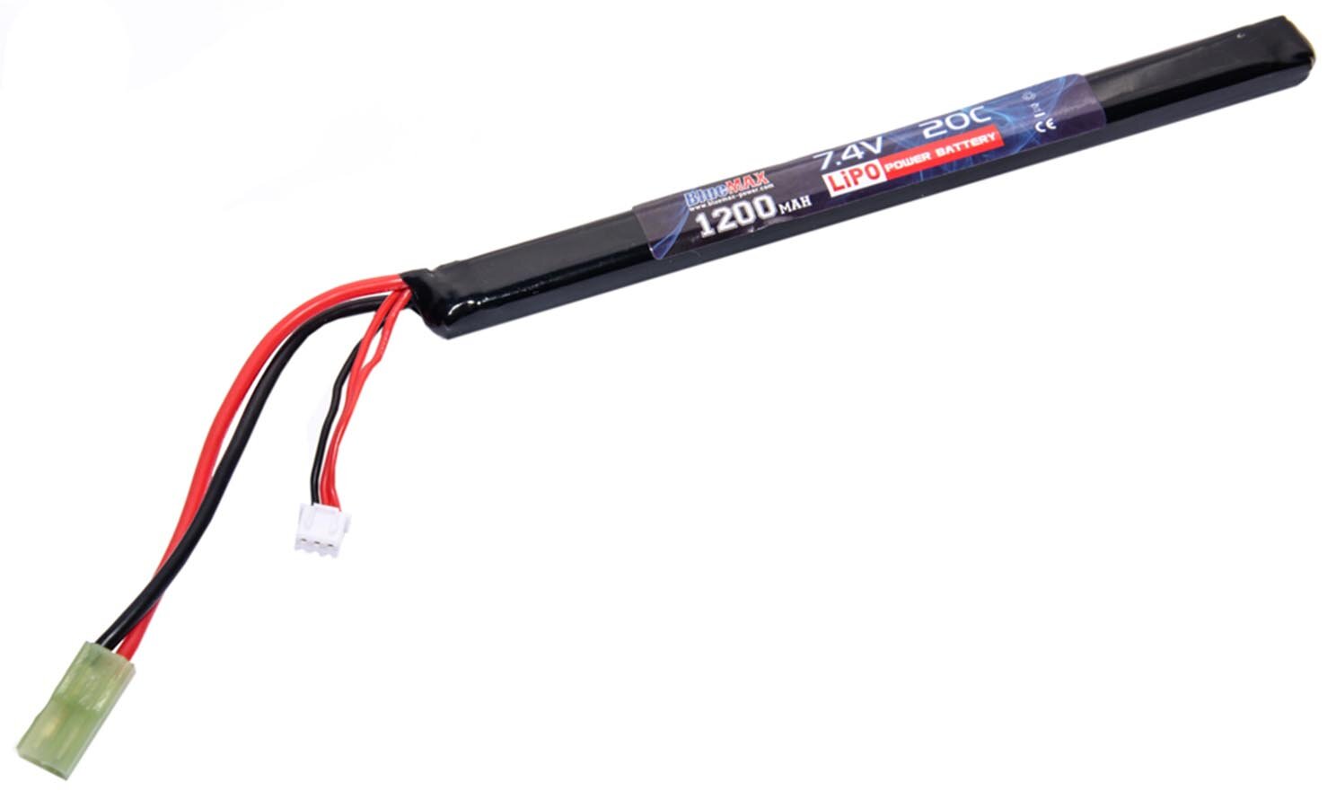 Аккумулятор для страйкбольного автомата BlueMax LiPo 7.4В, 1200мАч, 20C, АК, разъем Tamiya Mini — фото 1