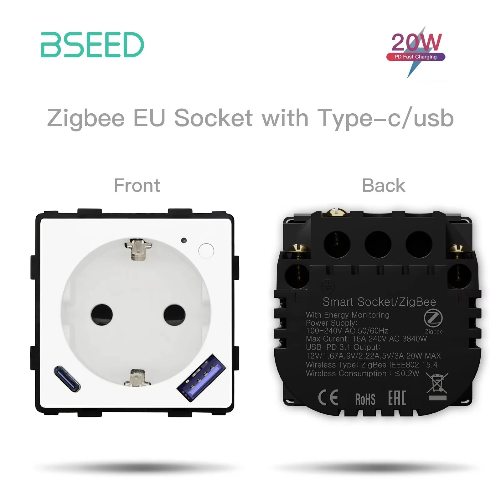 Умная розетка BSEED Zigbee с USB Type-C 20Вт
