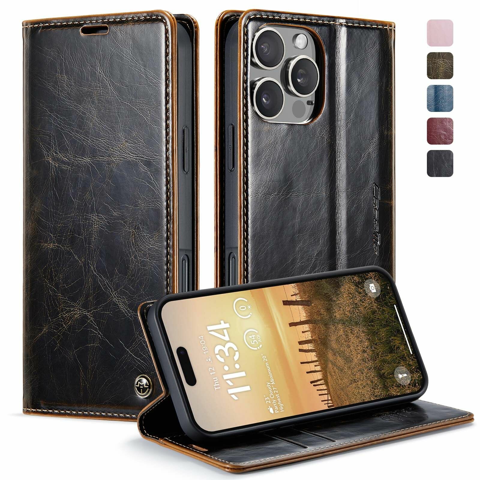 CaseMe Кожаный книжка чехол для Apple iPhone 16 Pro Max / Aйфон 16 про макс с визитницей из экокожи