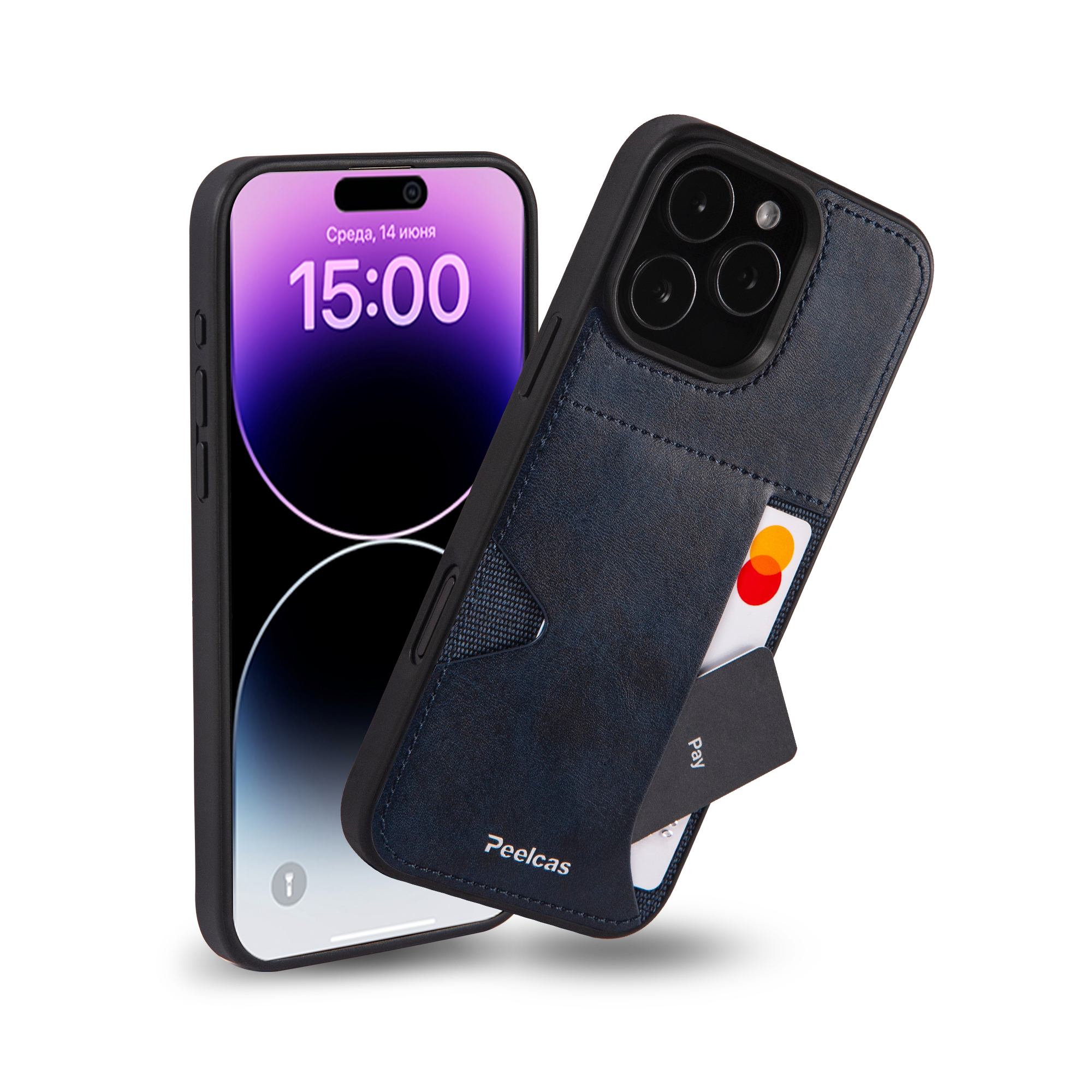 Чехол Peelcas, для iPhone 16 Pro, с карманом, противоударный, soft touch, темно-синий — фото 1